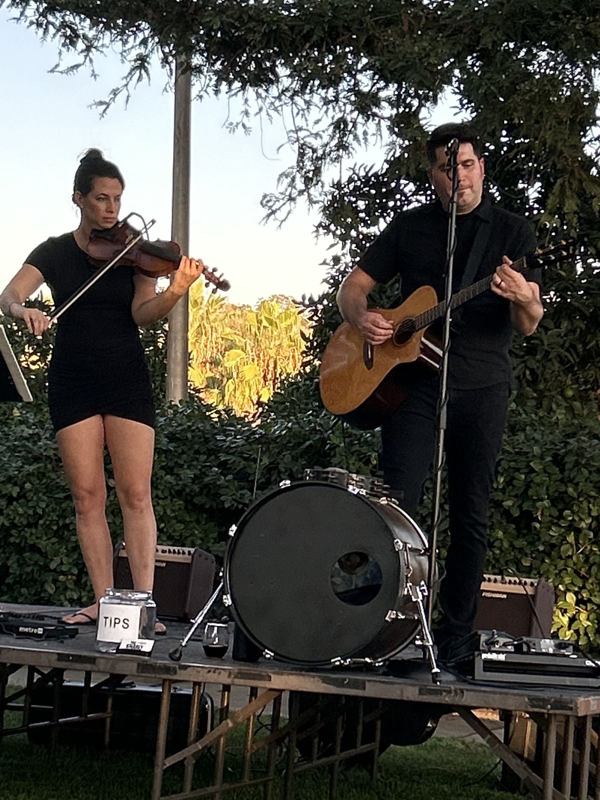 A violinist and guitarist perform live on an outdoor stage at dusk during the One Night benefit.